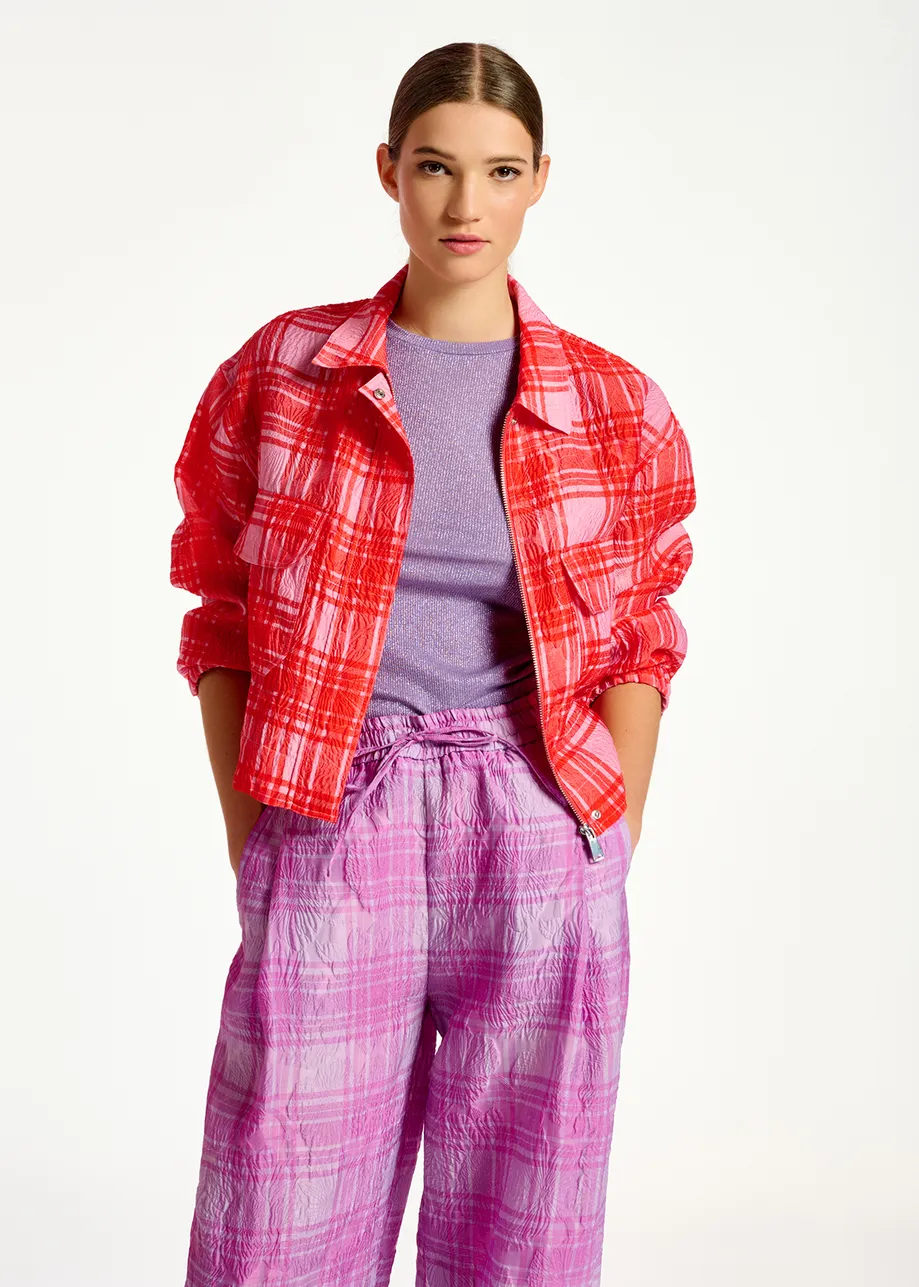 Pink and red checked cropped jacket