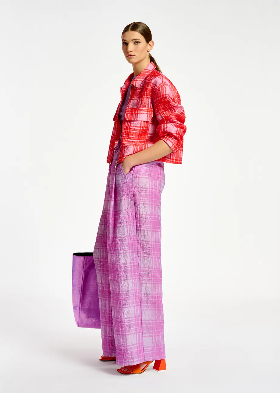 Pink and red checked cropped jacket