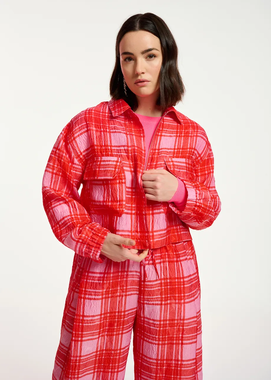 Pink and red checked cropped jacket