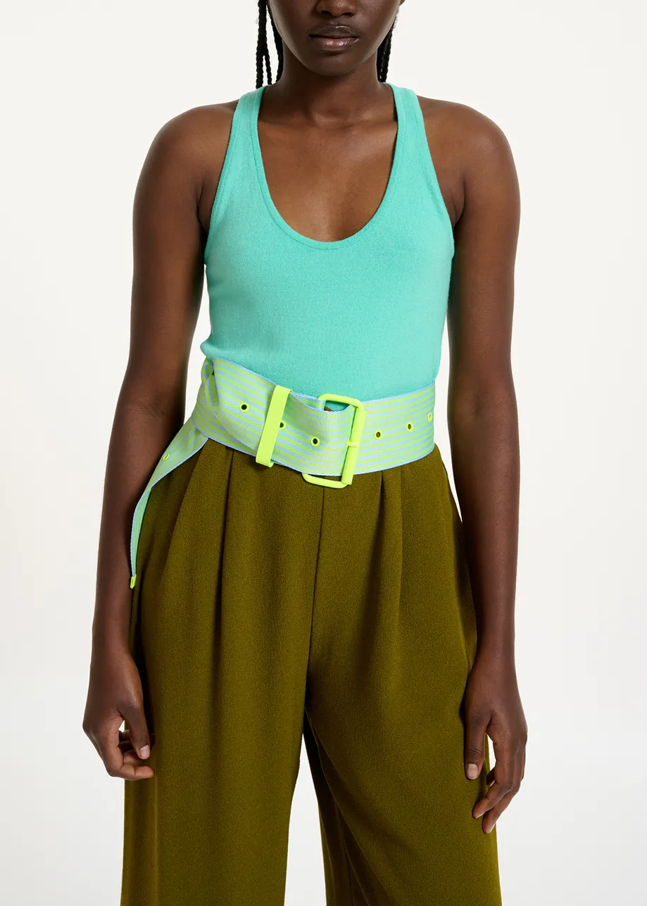 Neon yellow and light blue striped canvas belt