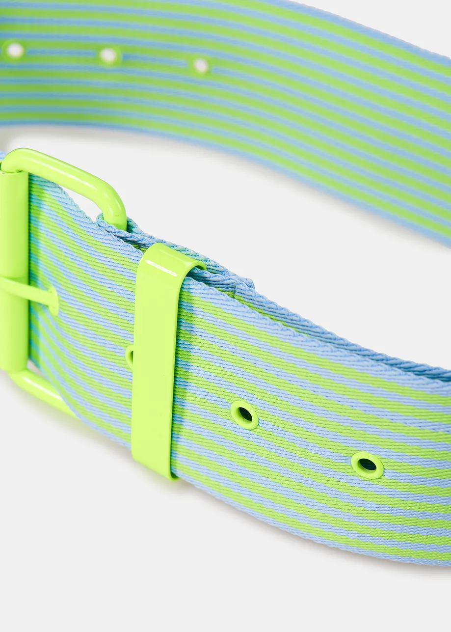 Neon yellow and light blue striped canvas belt
