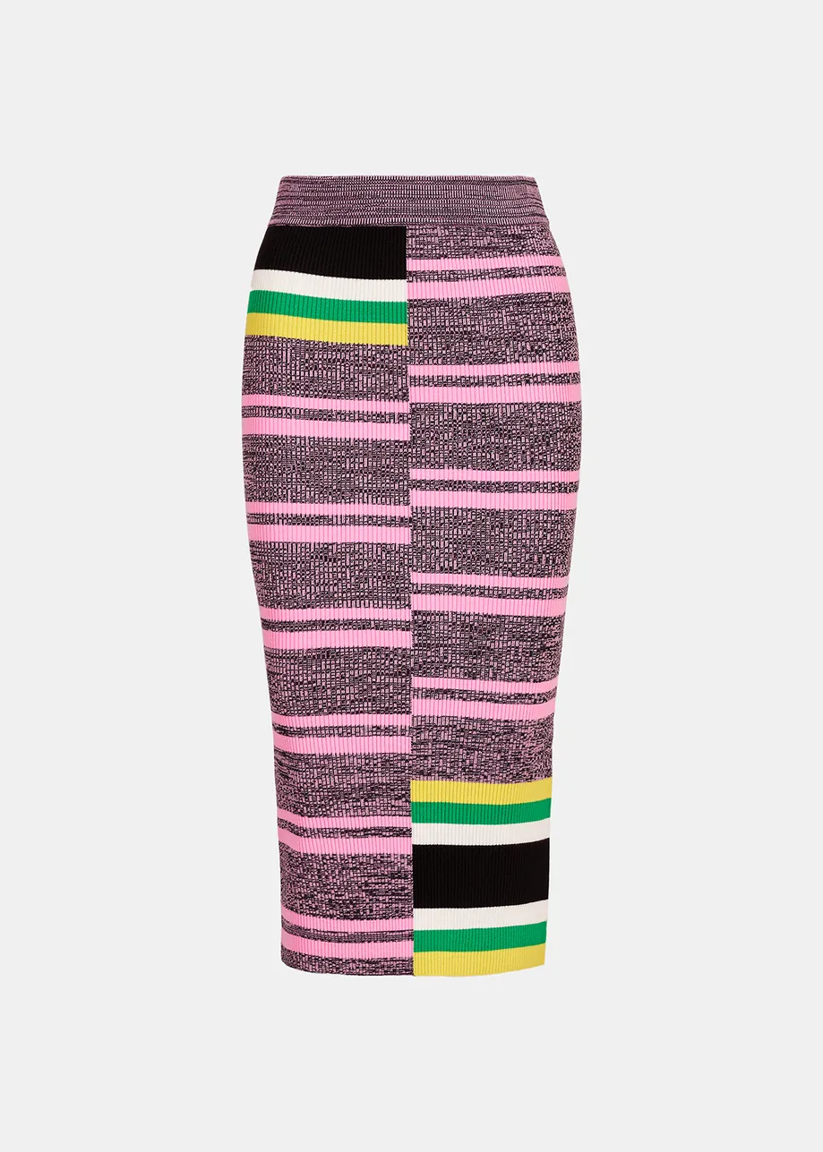 Ribgebreide midirok met zwarte, roze en groene strepen