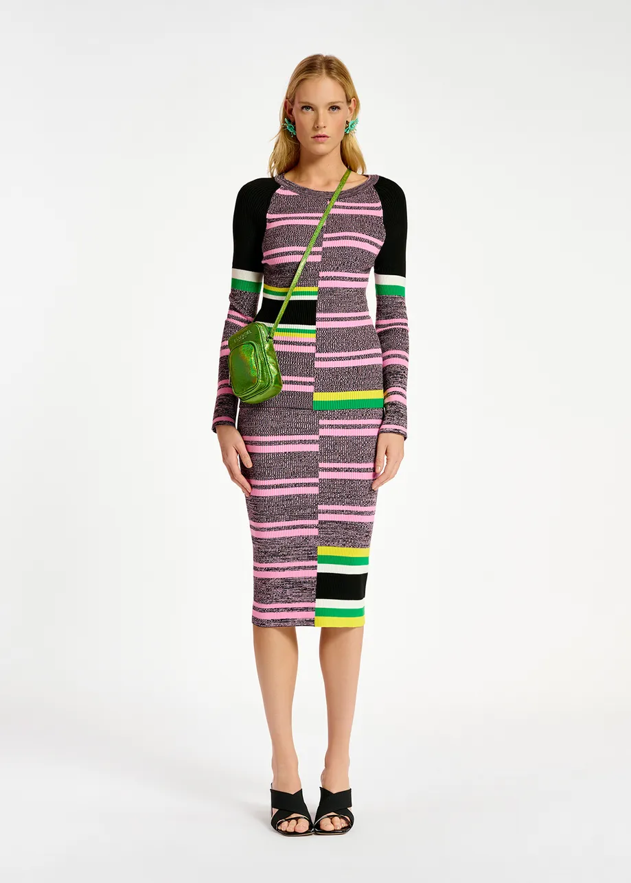 Black, pink and green striped ribbed-knit midi skirt