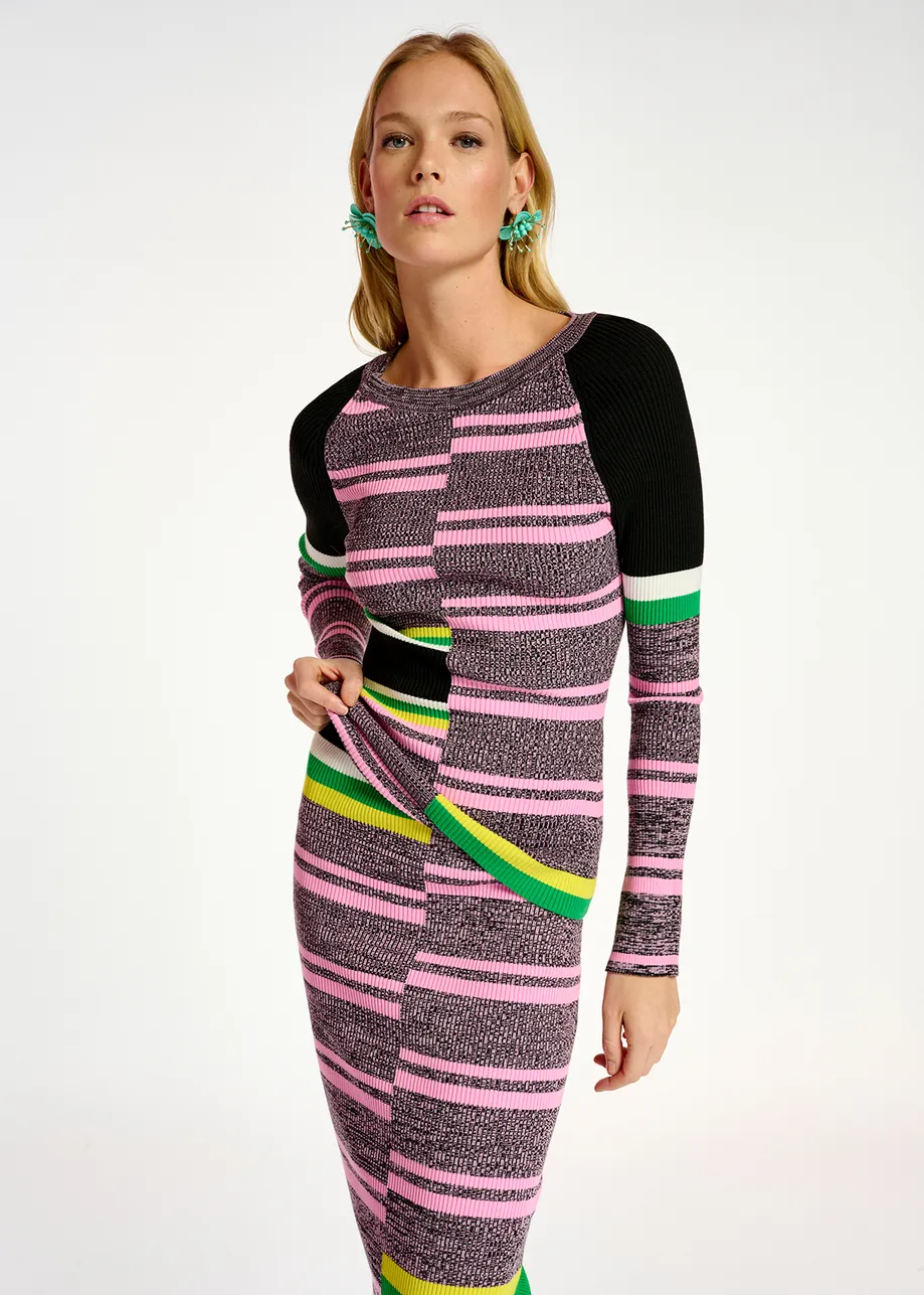 Black, pink and green striped ribbed-knit midi skirt