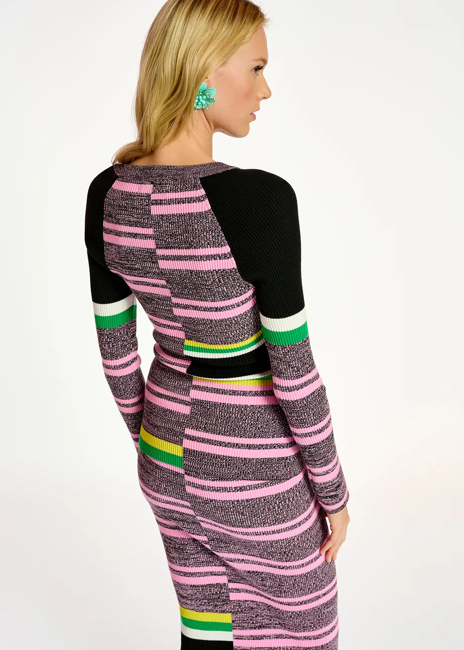 Black, pink and green striped ribbed-knit midi skirt