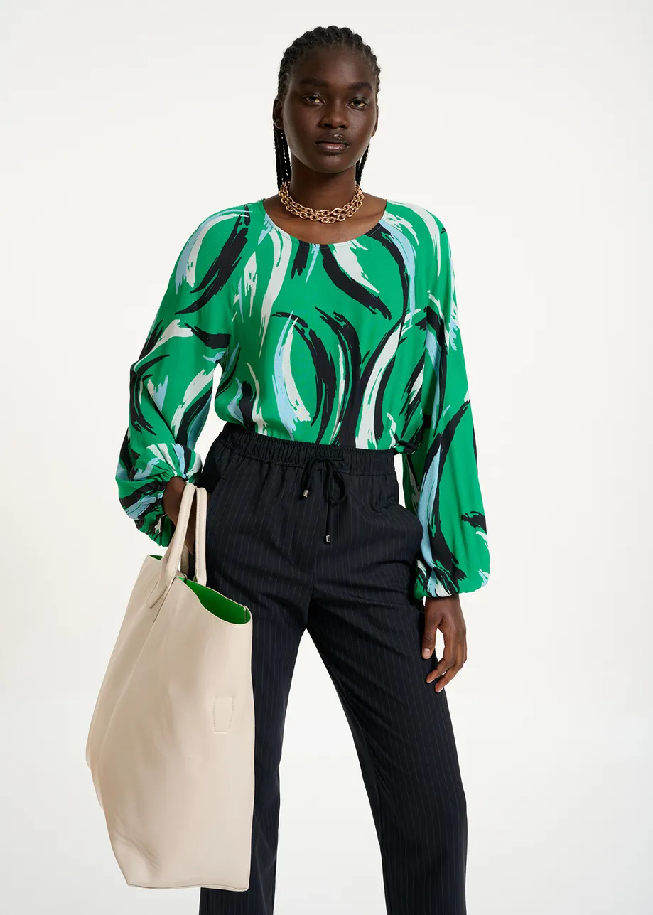 Green, white and black relaxed-fit top with abstract print