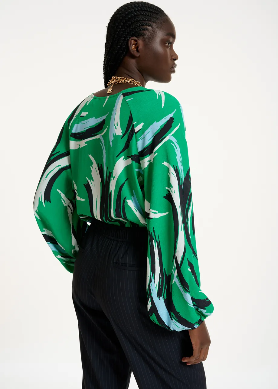 Green, white and black relaxed-fit top with abstract print