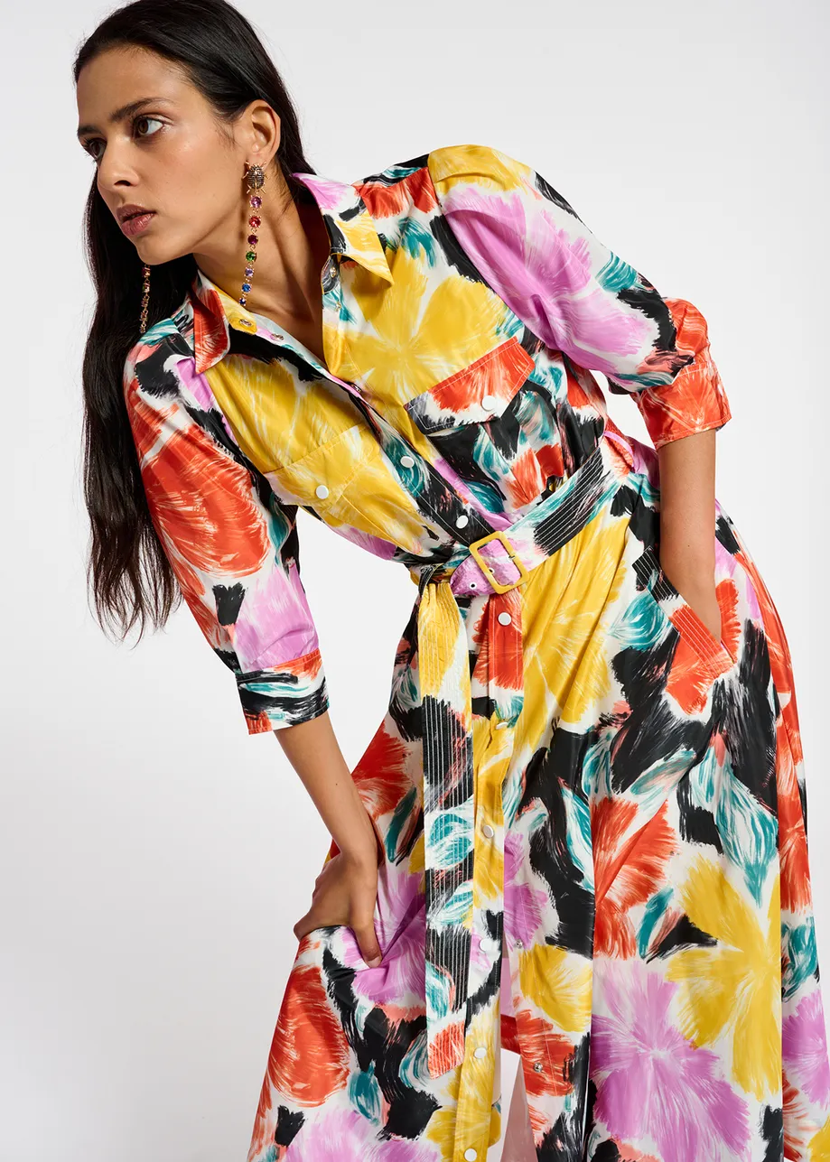 Black, orange and yellow floral print midi-length shirt dress