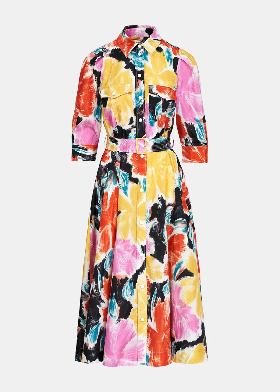 Black, orange and yellow floral print midi-length shirt dress