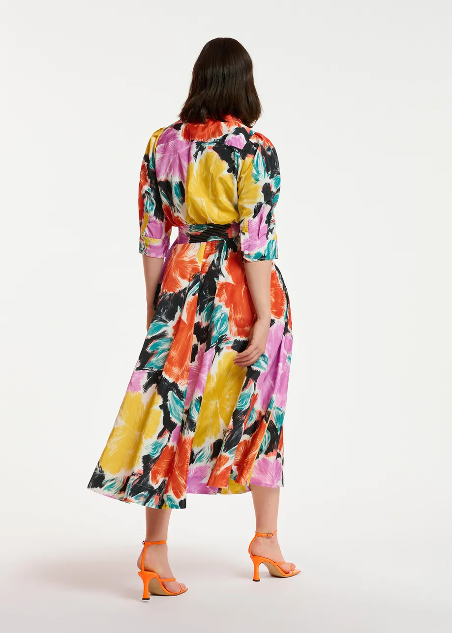 Midi-hemdjurk met zwart, oranje en gele bloemenprint