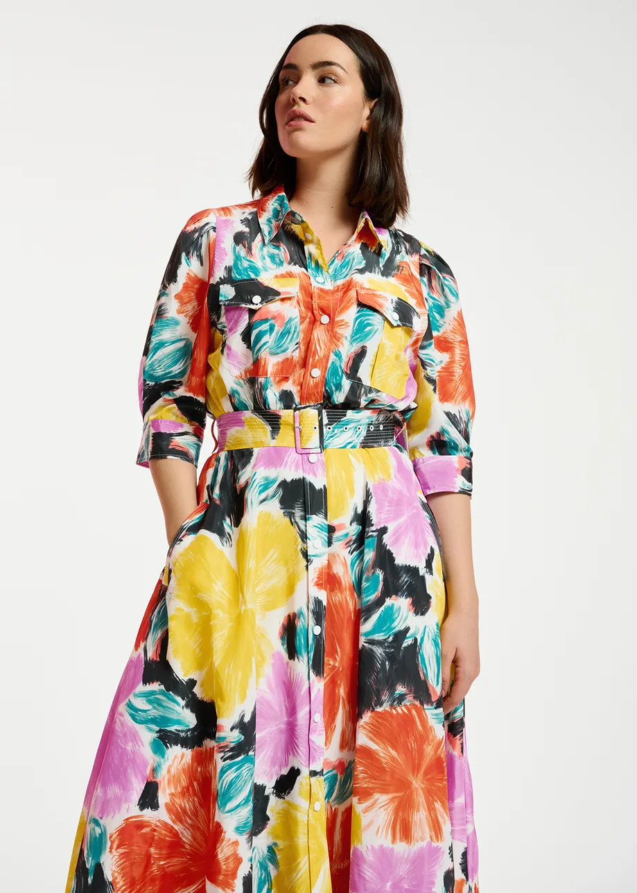 Midi-hemdjurk met zwart, oranje en gele bloemenprint