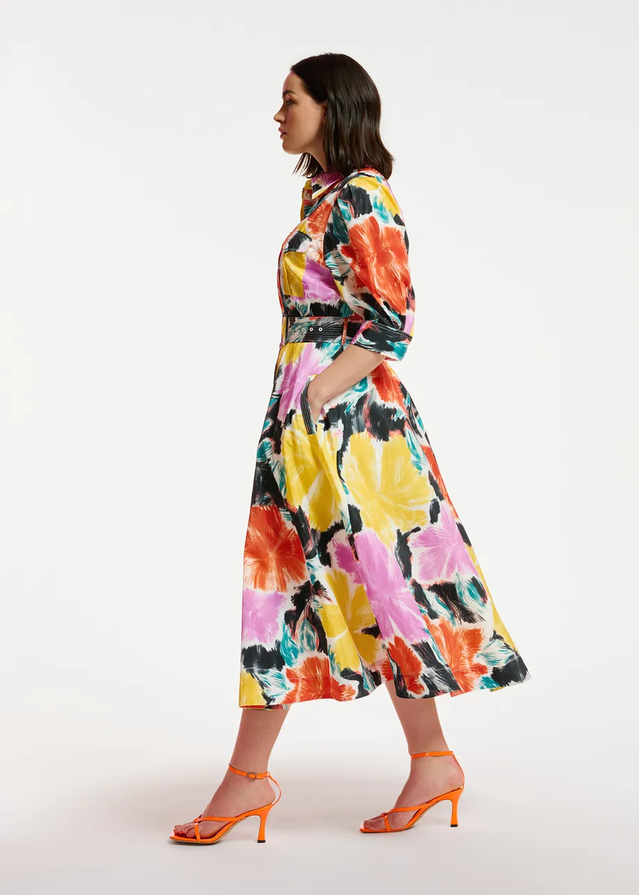 Midi-hemdjurk met zwart, oranje en gele bloemenprint