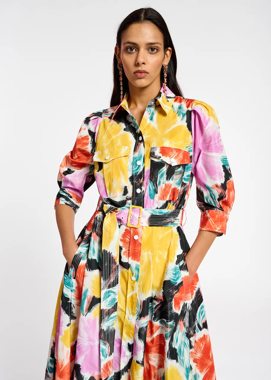 Midi-hemdjurk met zwart, oranje en gele bloemenprint