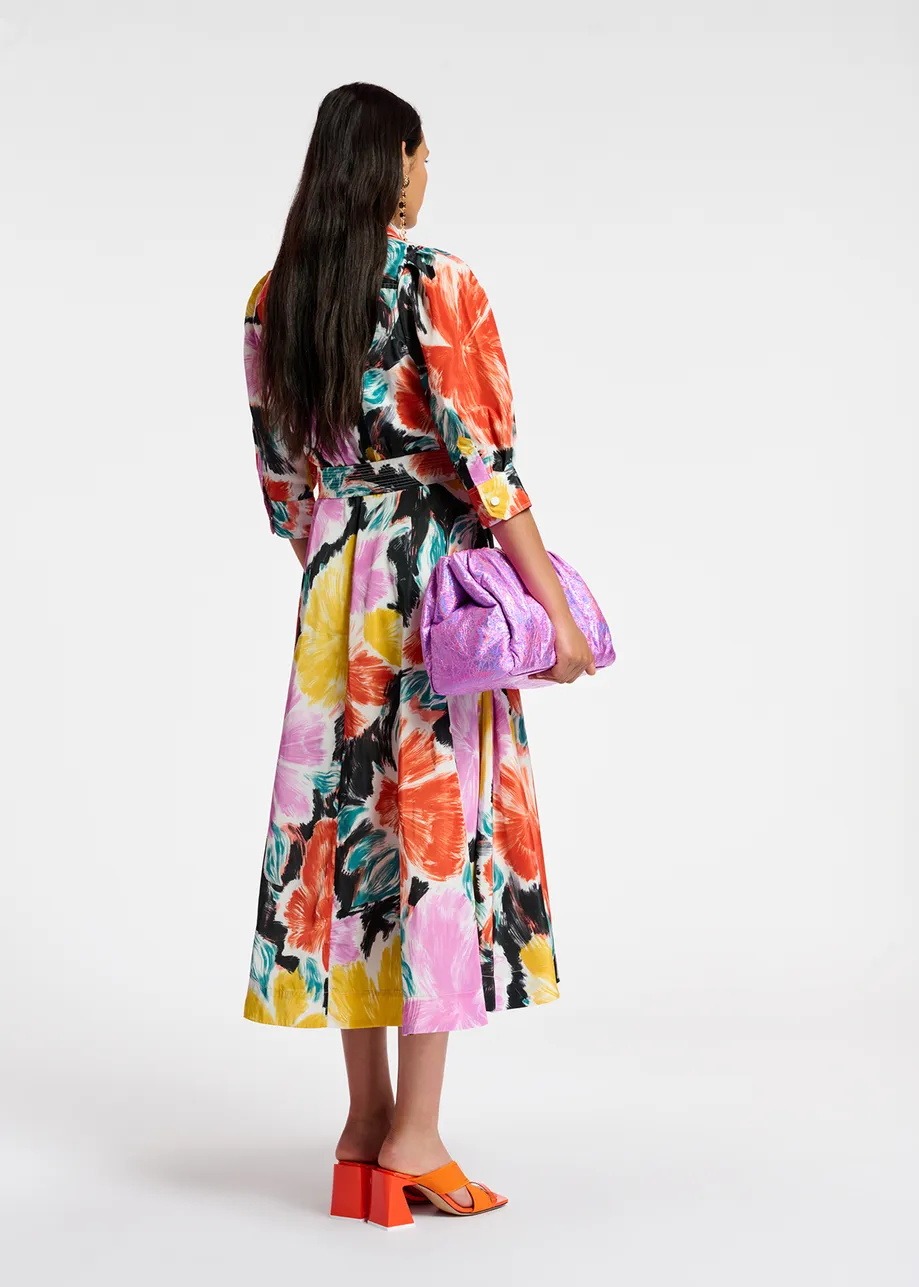 Midi-hemdjurk met zwart, oranje en gele bloemenprint