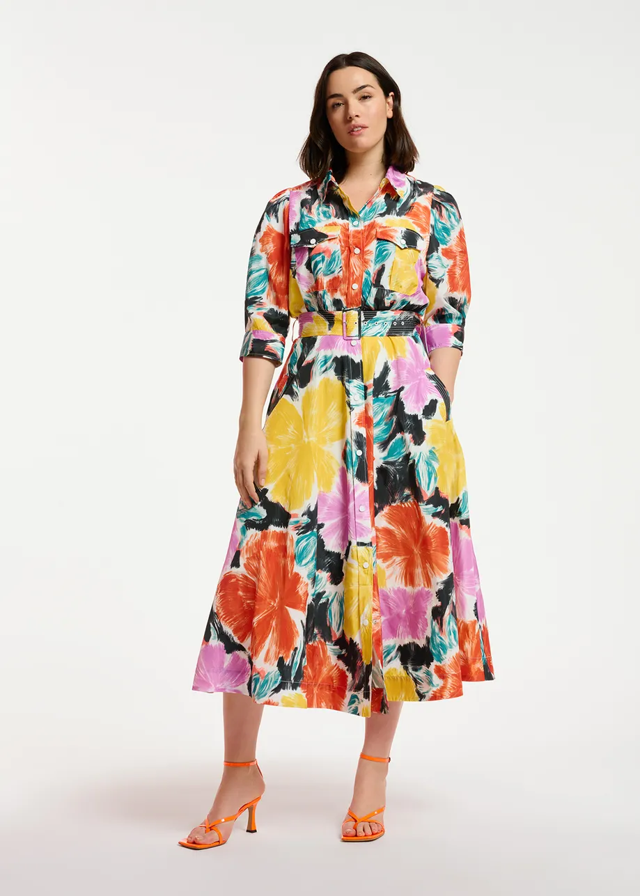 Midi-hemdjurk met zwart, oranje en gele bloemenprint