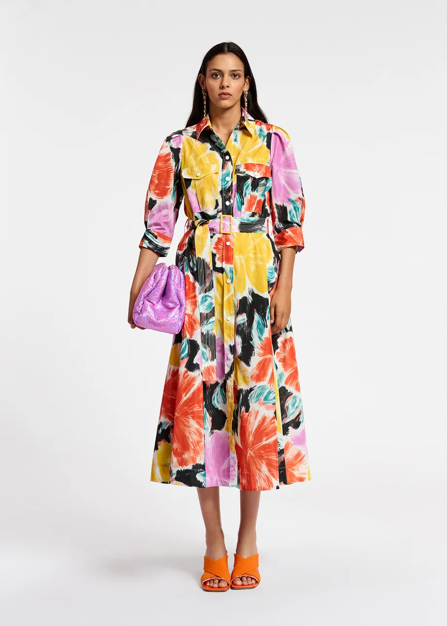 Midi-hemdjurk met zwart, oranje en gele bloemenprint