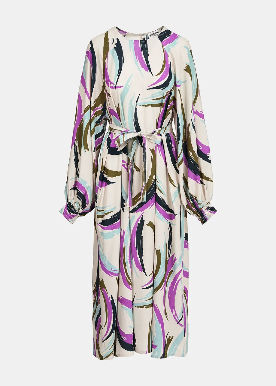 Off-white, khaki and purple abstract print midi-length dress