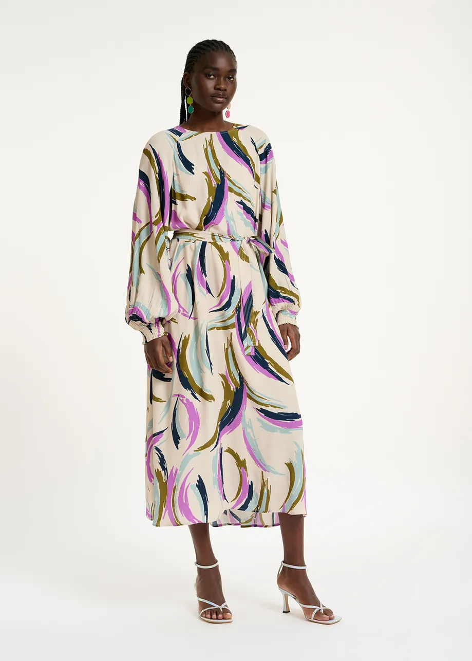 Off-white, khaki and purple abstract print midi-length dress