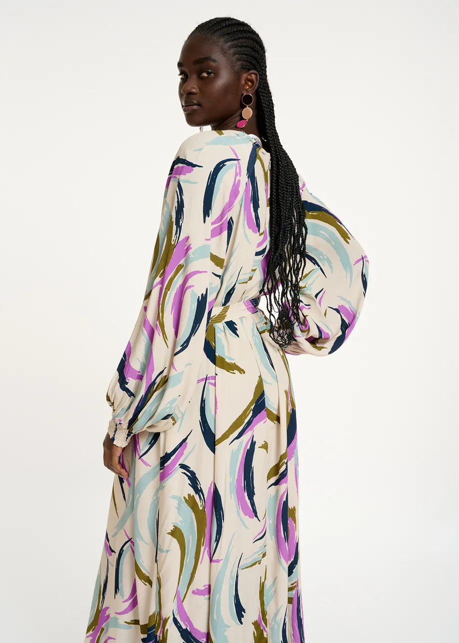 Off-white, khaki and purple abstract print midi-length dress