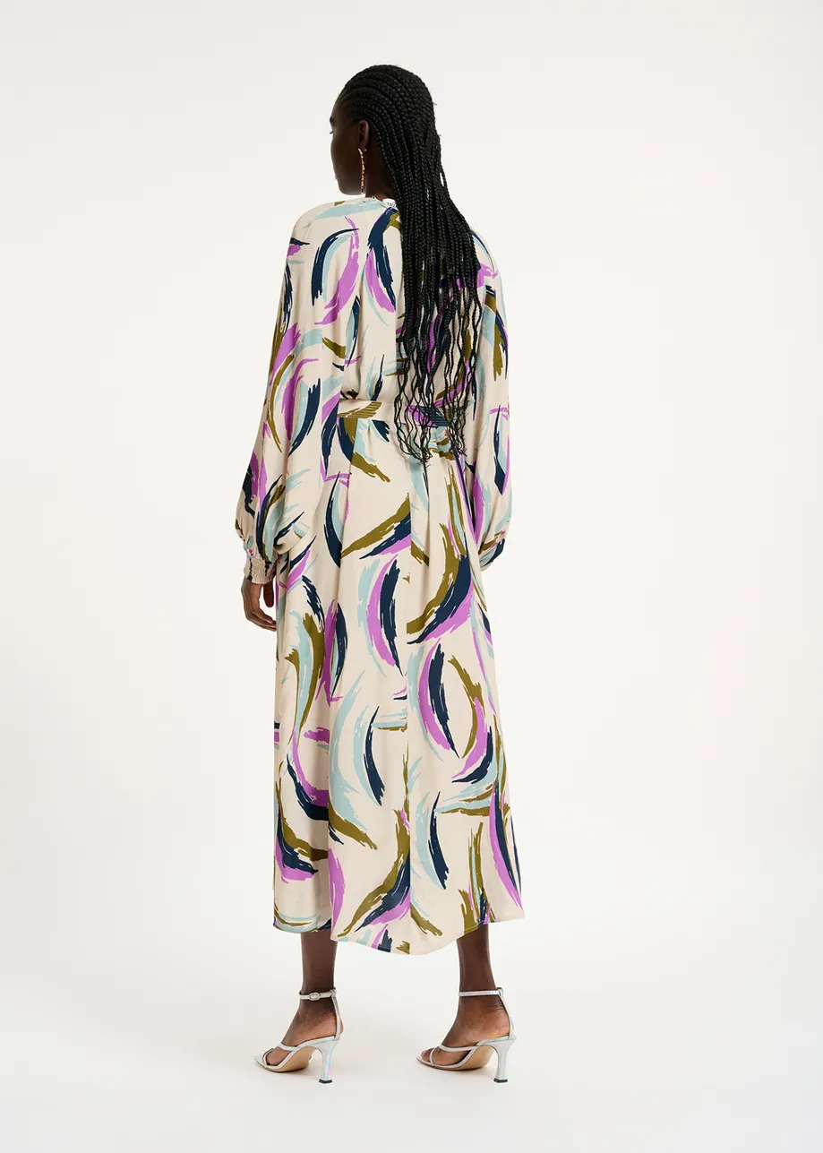 Off-white, khaki and purple abstract print midi-length dress