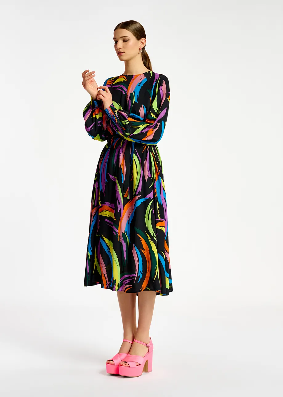 Multicolor abstract print midi-length dress