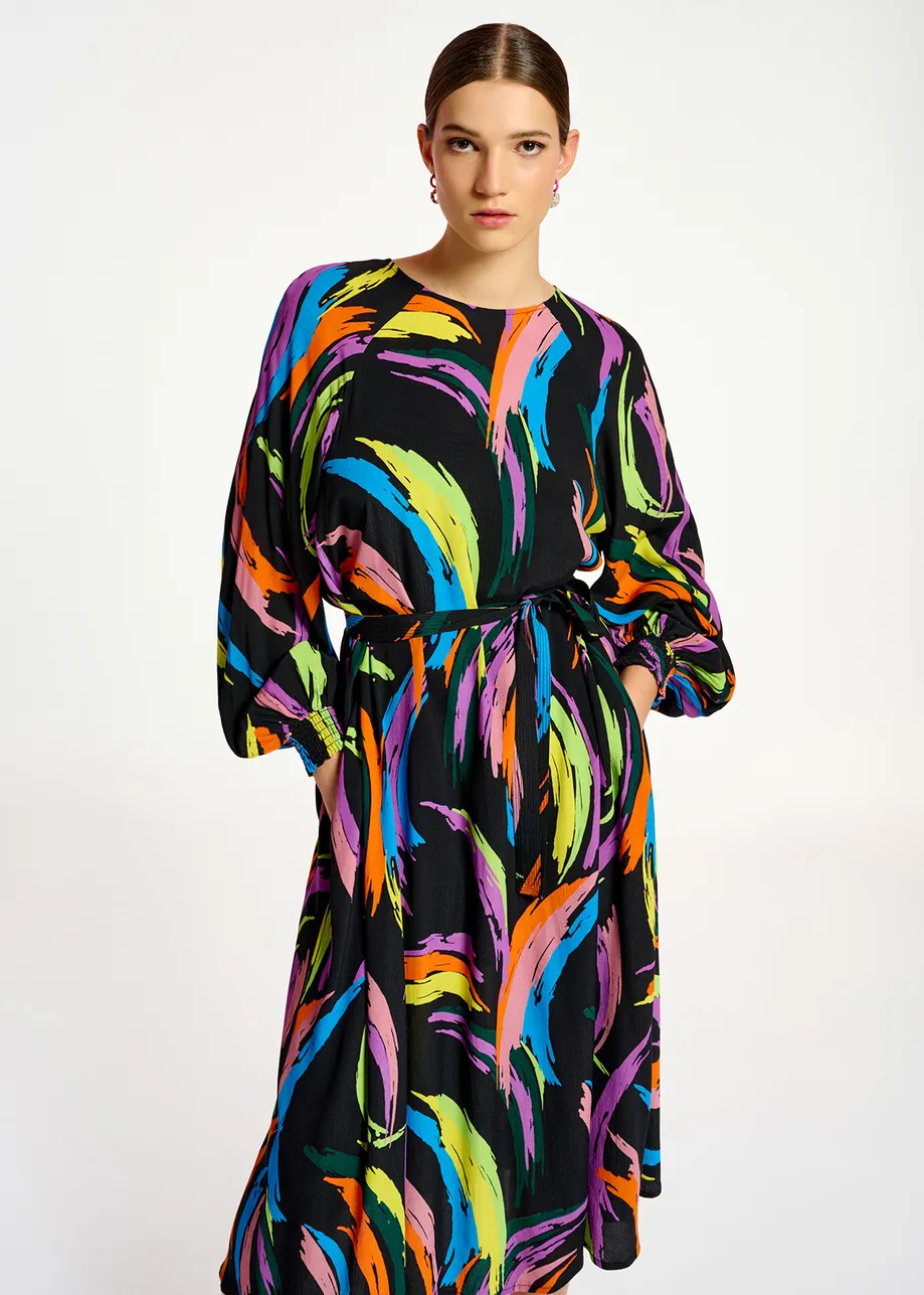 Multicolor abstract print midi-length dress