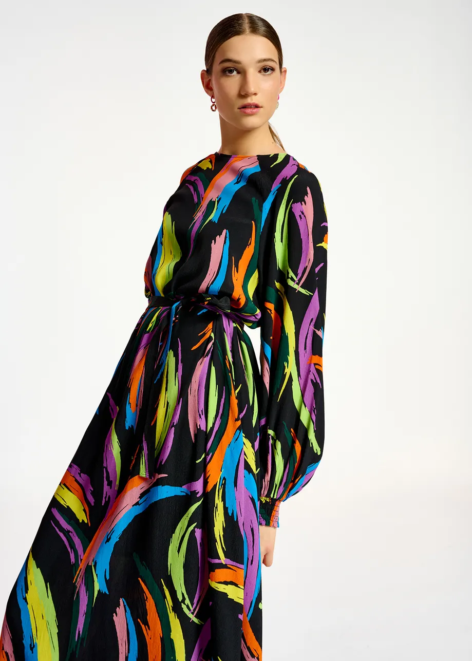 Multicolor abstract print midi-length dress