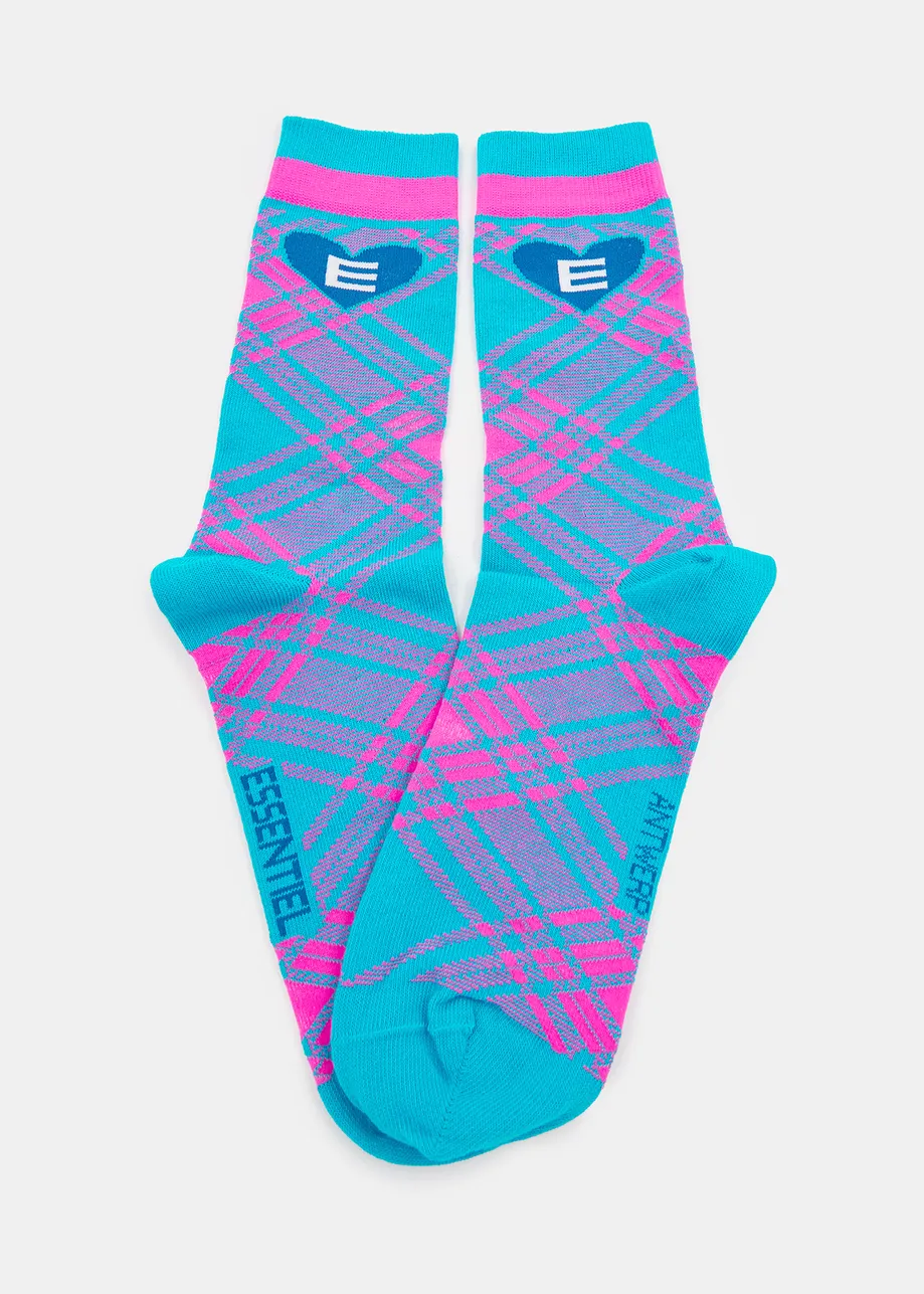 Blue and neon pink check-motif socks