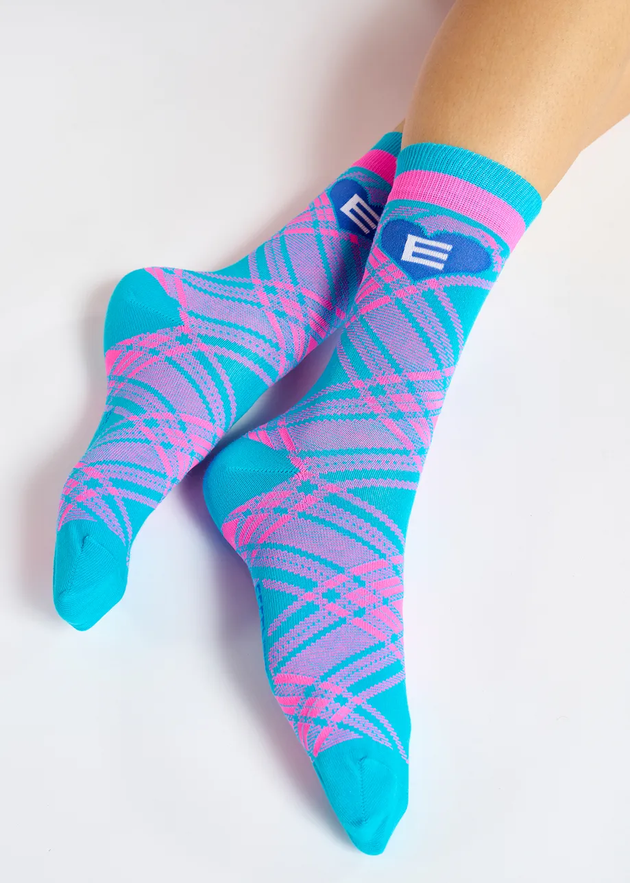 Blue and neon pink check-motif socks
