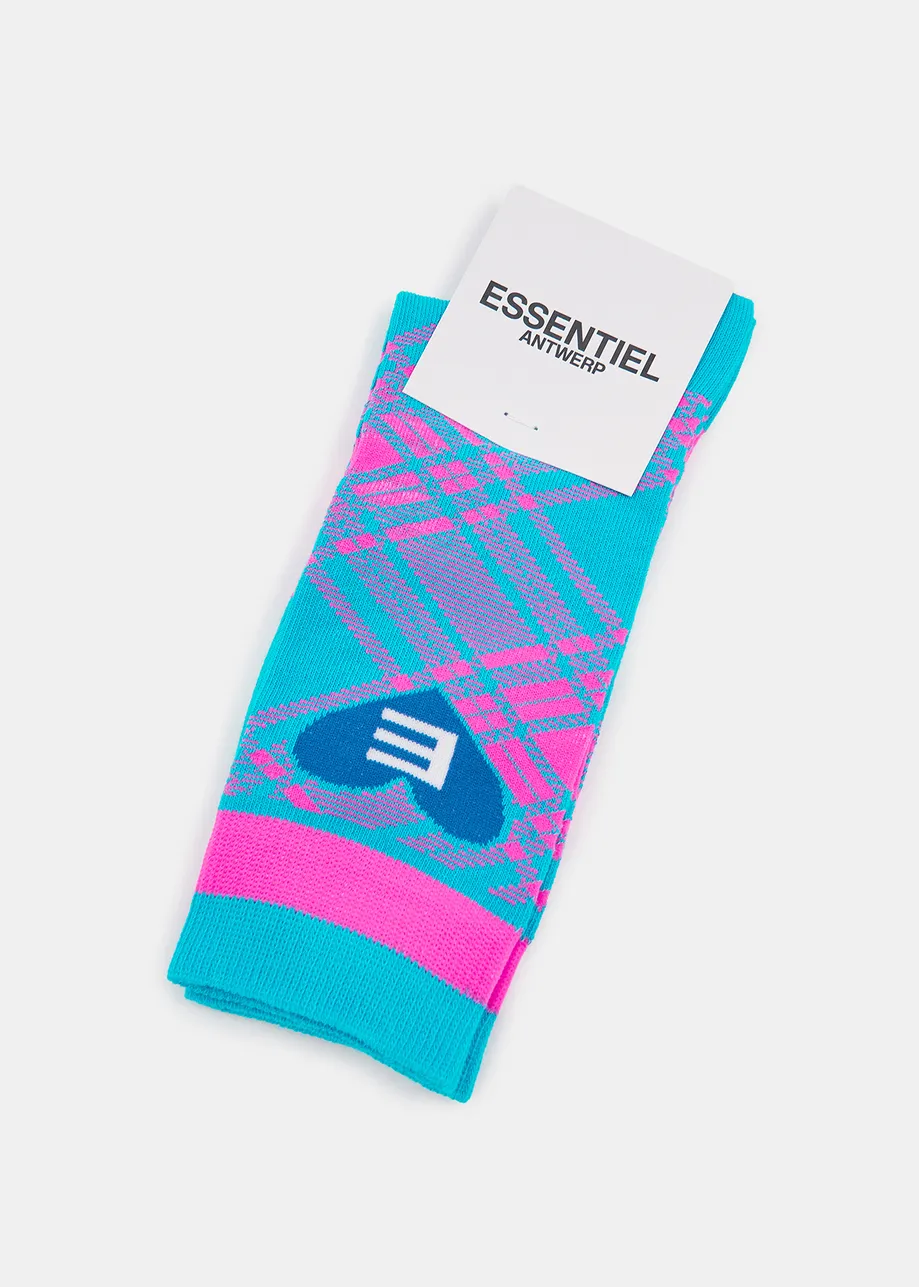 Blue and neon pink check-motif socks