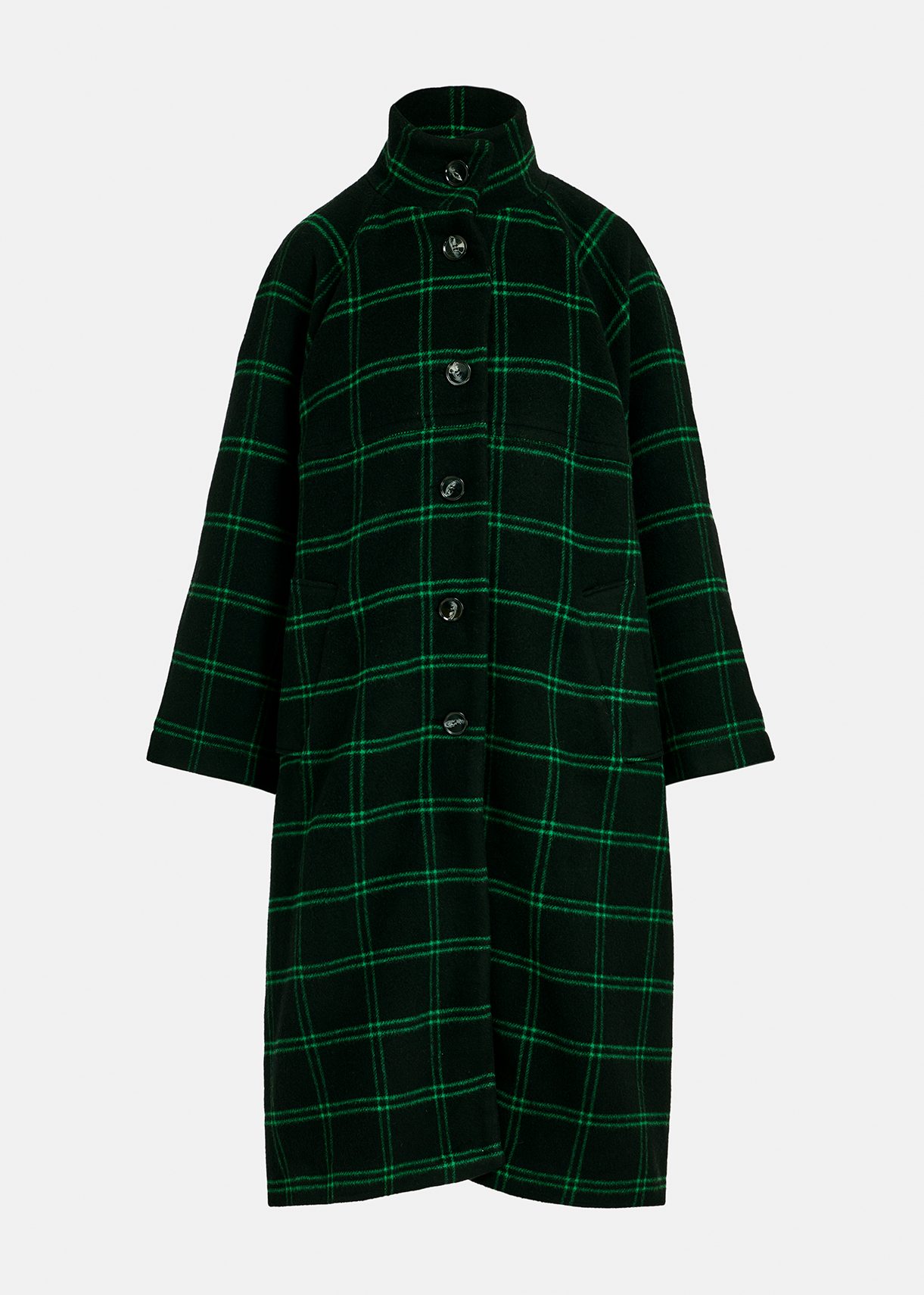 Black windowpane check wool-blend coat