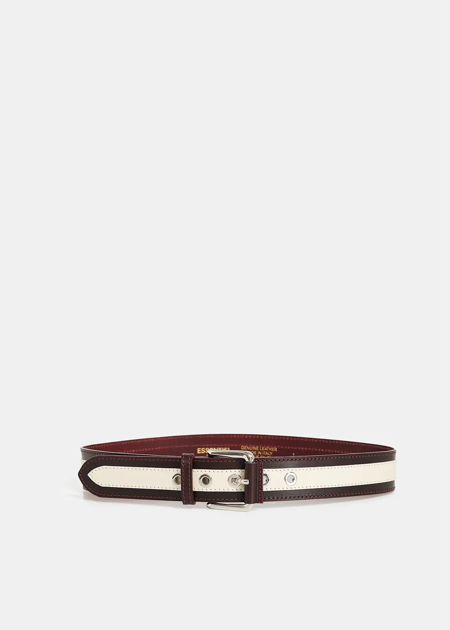 Burgundy and off-white leather belt