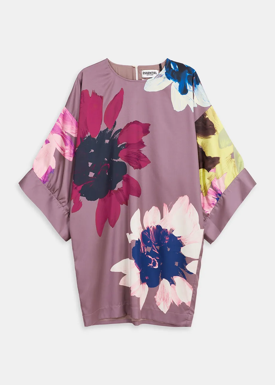 Mauve mini-jurk met kleurrijke bloemenprint