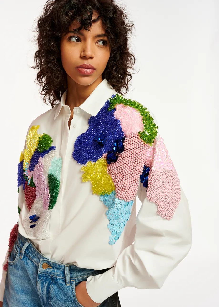 White cotton shirt with sequin and beaded embroideries