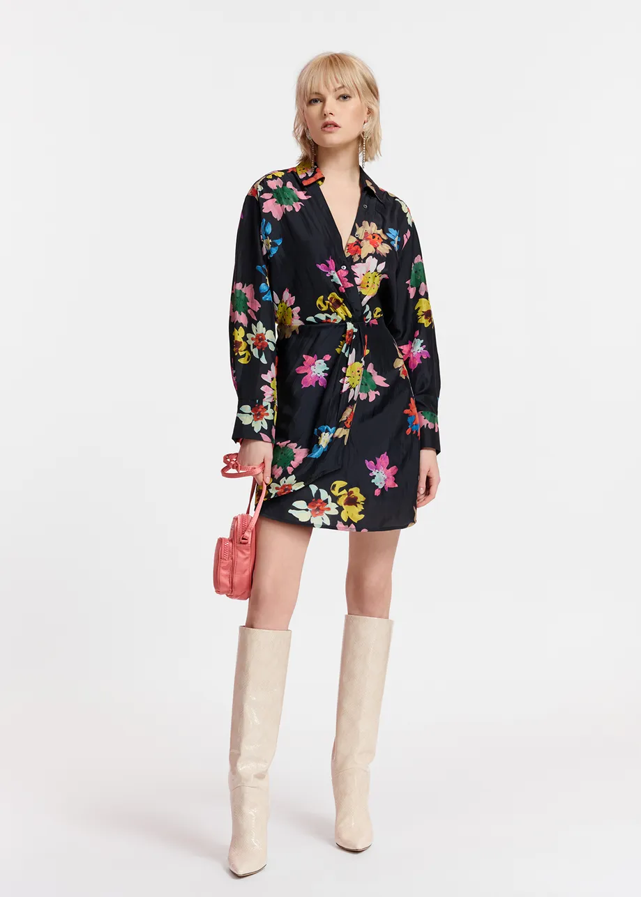 Black silk mini wrap dress with floral print