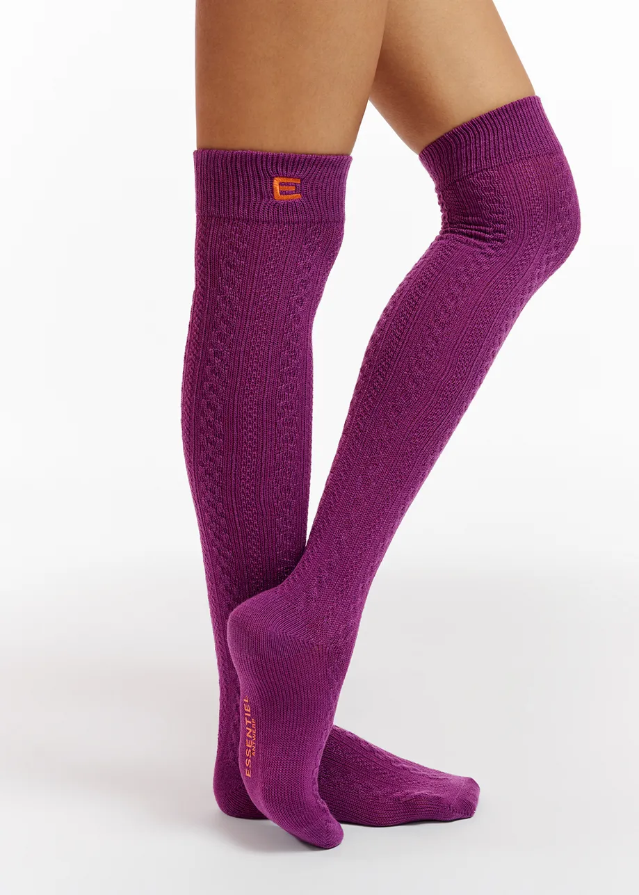 Purple cable-knitted socks