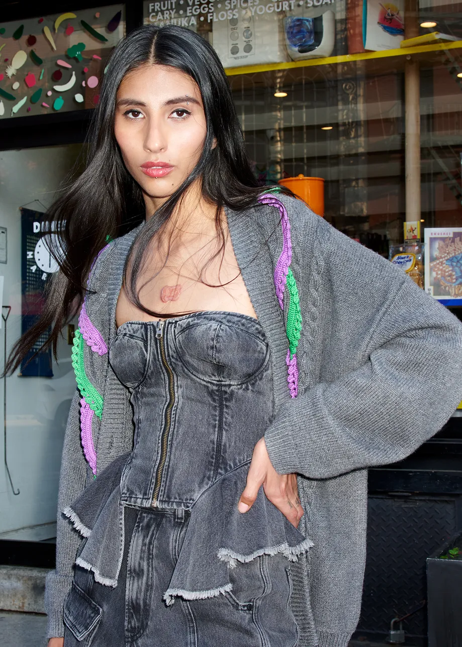 Grey denim bustier top with ruffles