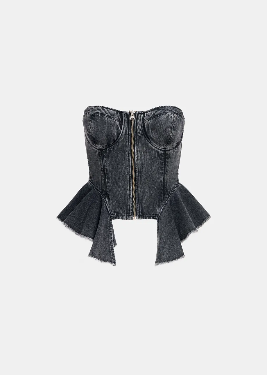 Top bustier en denim gris à volants