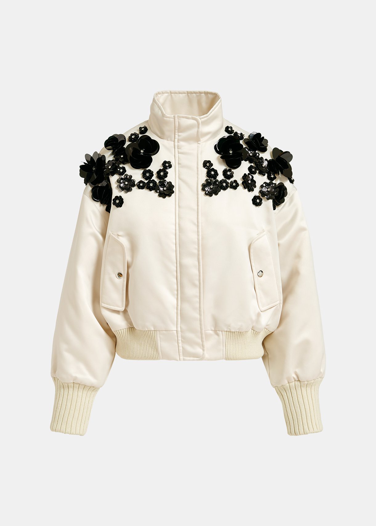 Off-white satin bomber jacket with sequin embellishments