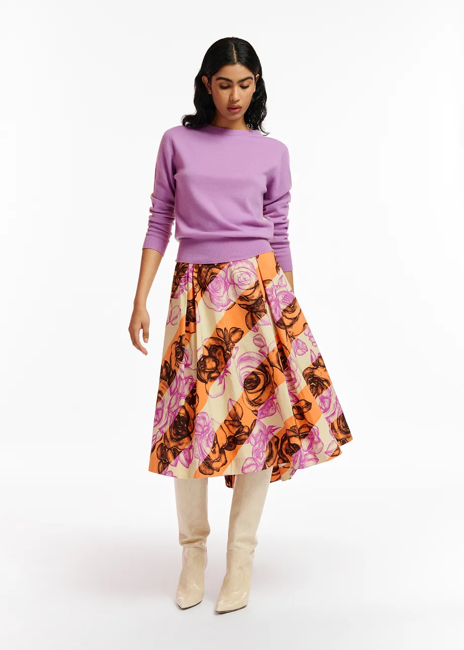 Light yellow, orange and purple pleated midi skirt