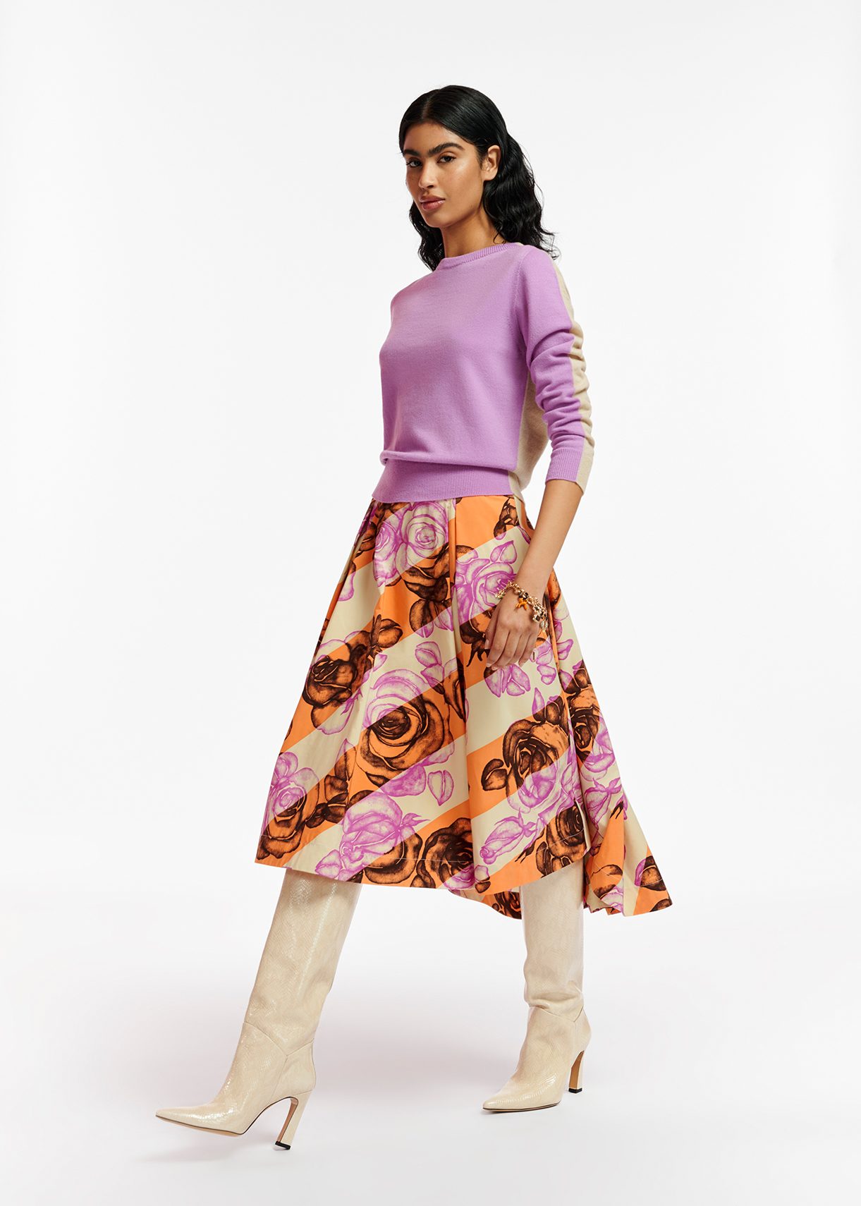 Light yellow orange and purple pleated midi skirt Essentiel