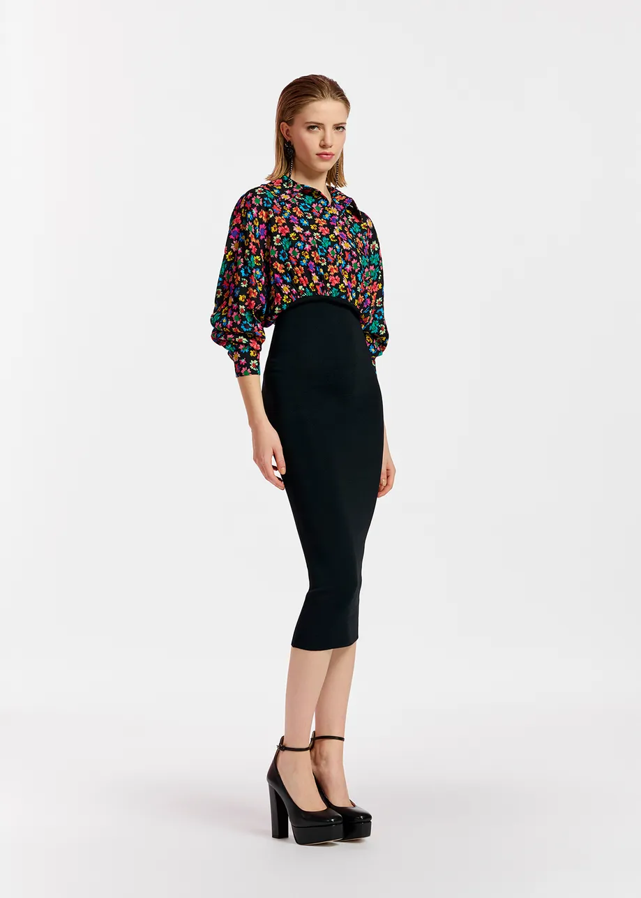 Black floral-print and rib-knitted midi dress