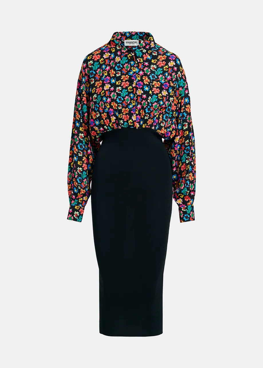 Black floral-print and rib-knitted midi dress