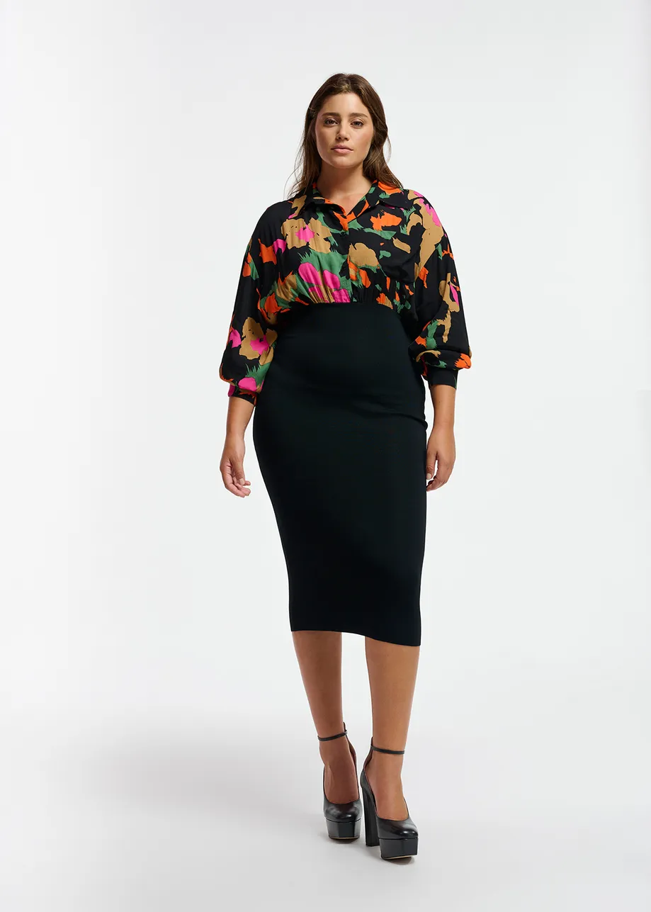 Black abstract-print and rib-knitted midi dress