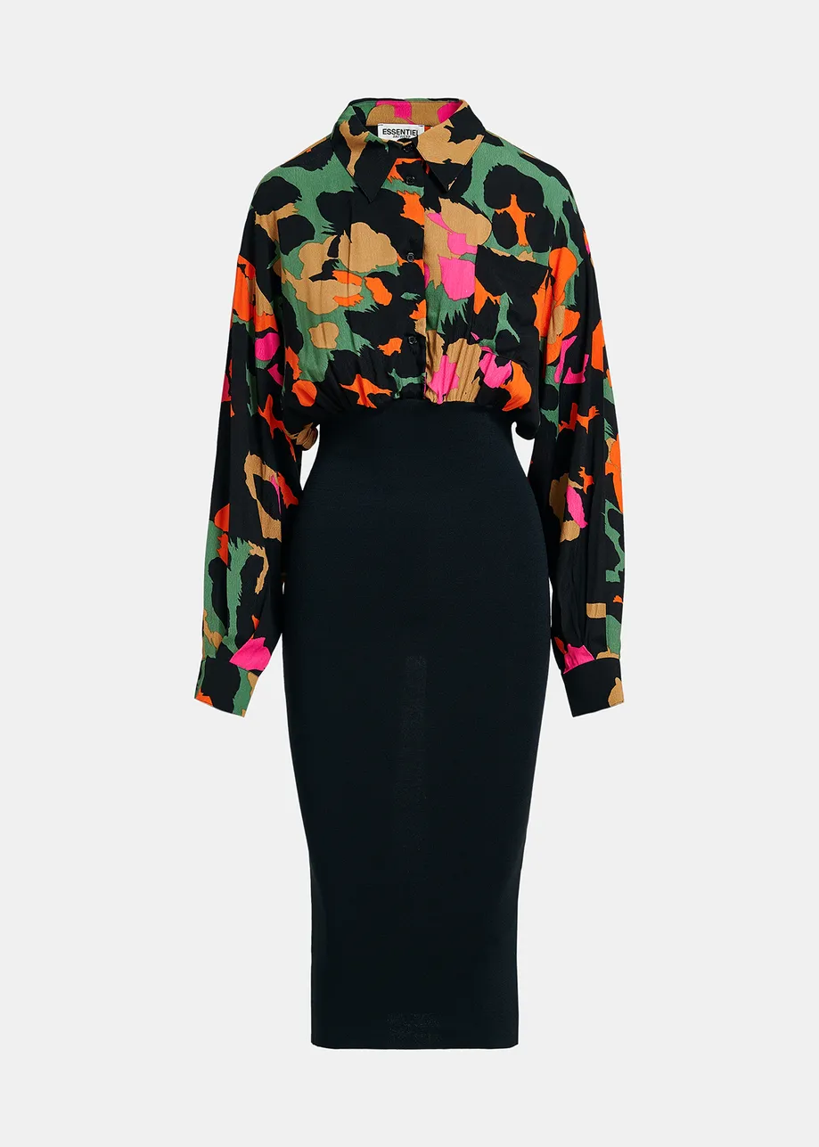 Midi-robe noire en côtes à imprimé abstrait