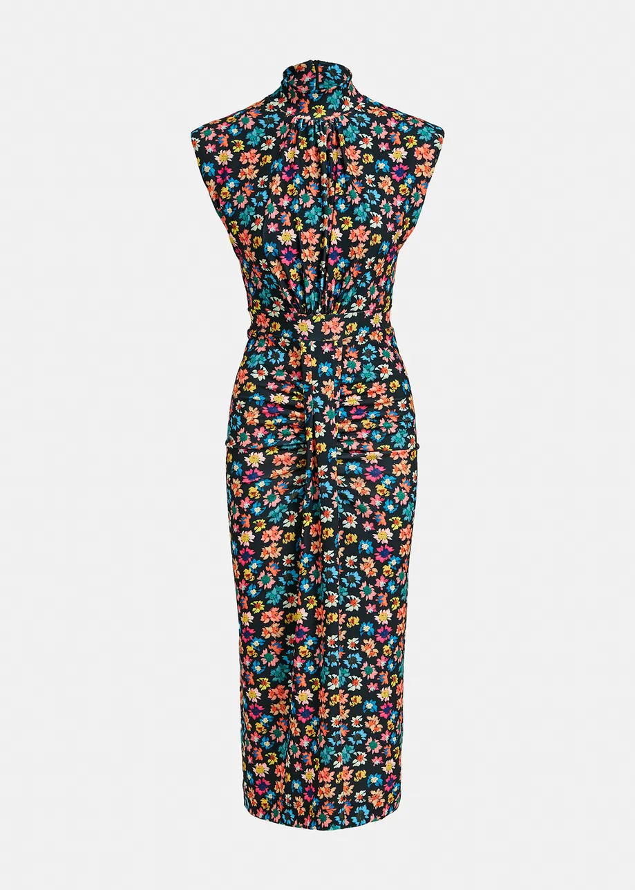 Black stretch-jersey midi dress with multicolor floral print