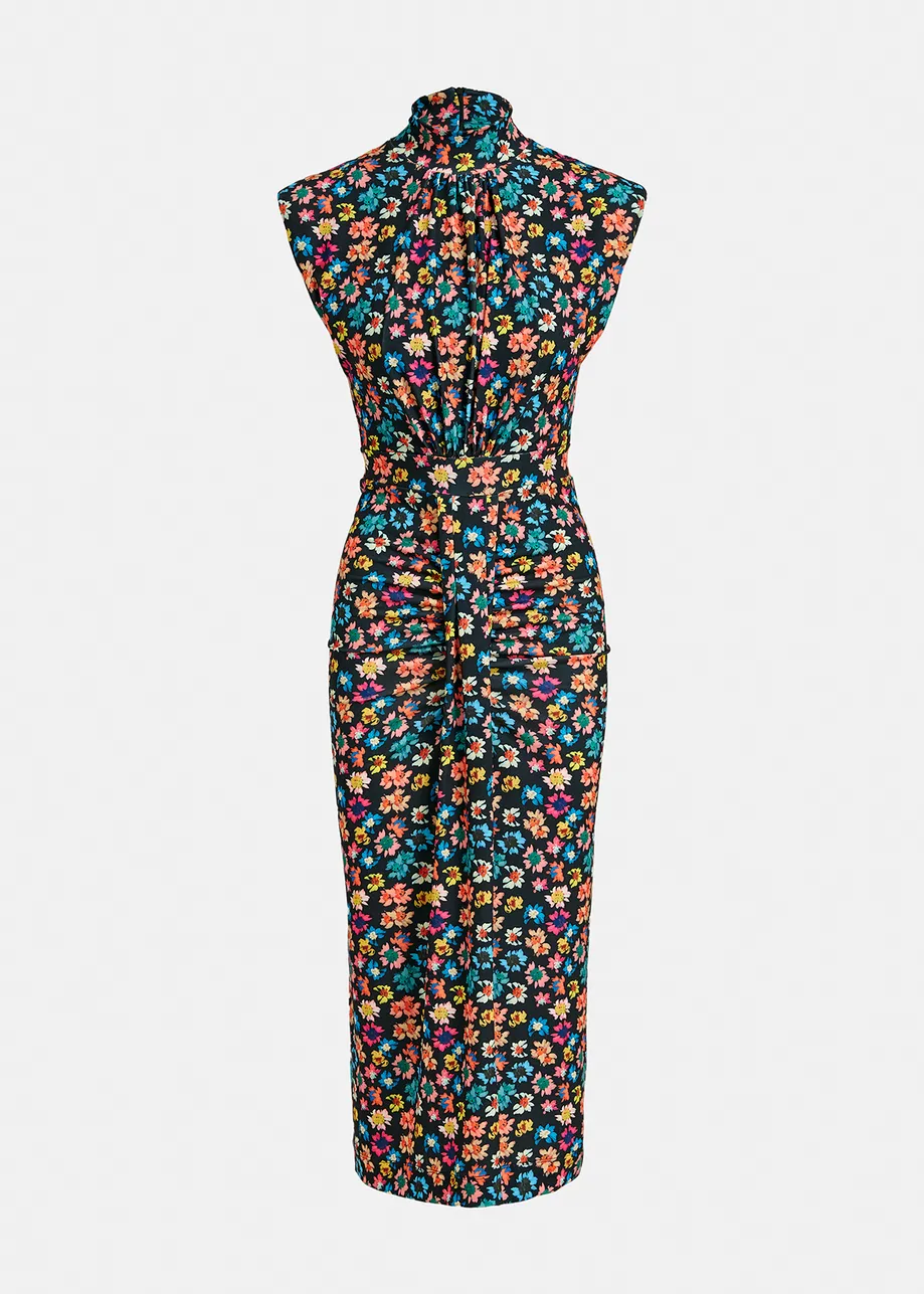 Black stretch-jersey midi dress with multicolor floral print 