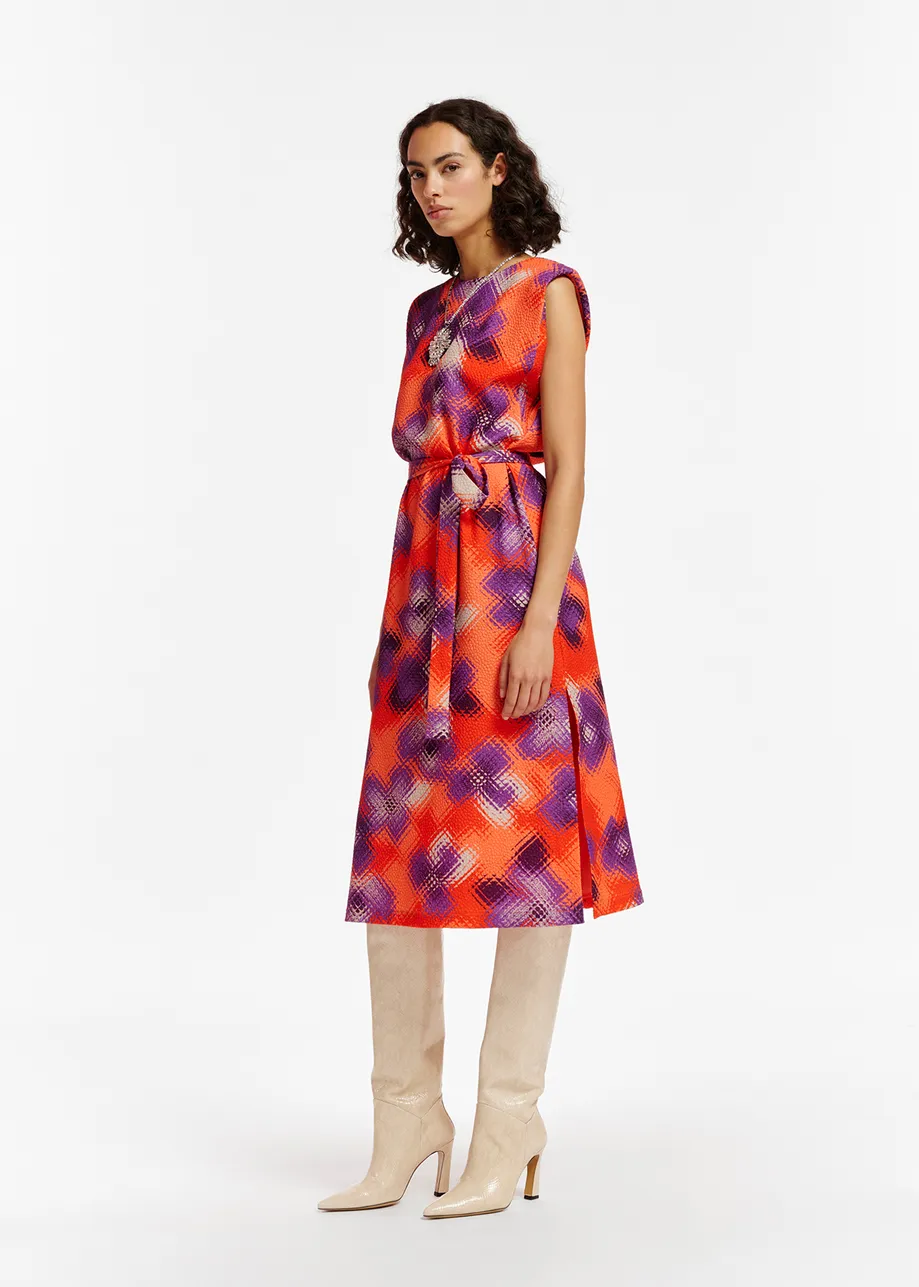 Orange floral-print midi-length dress with padded shoulders