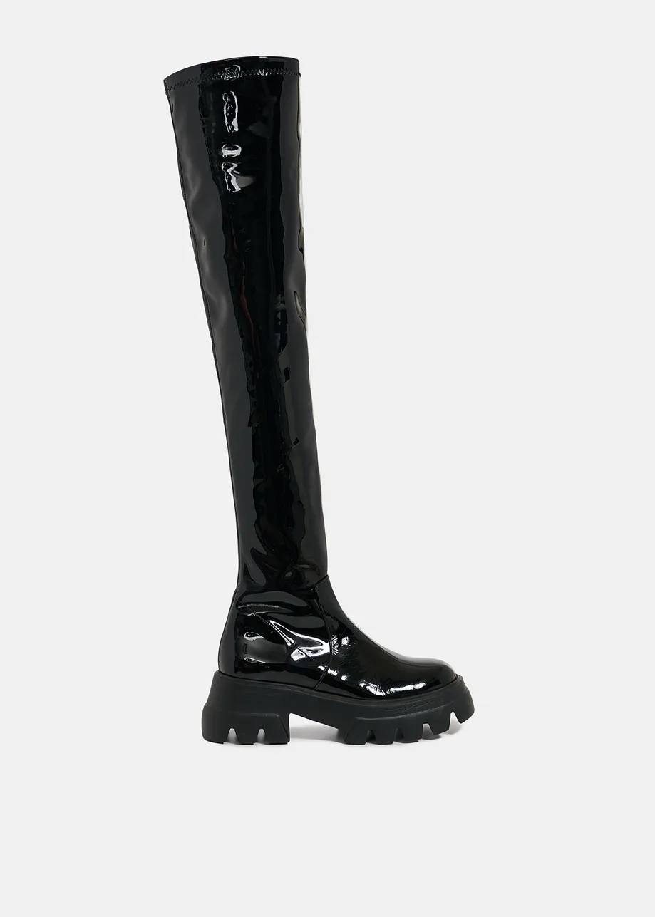 Black faux patent-leather over-the-knee boots