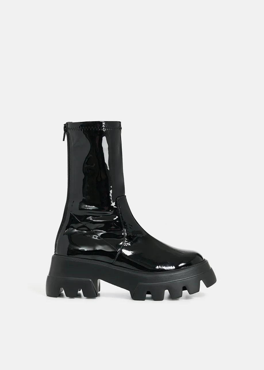 Black faux patent-leather ankle boots